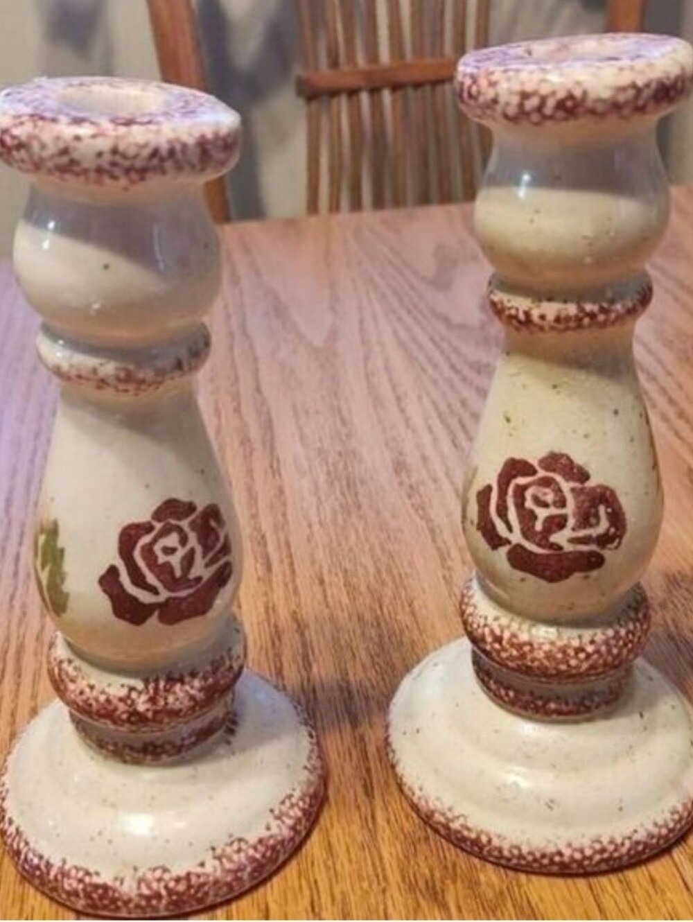 Unbranded Cream and Rustic Red Rose Ceramic Candle Holders - Pair